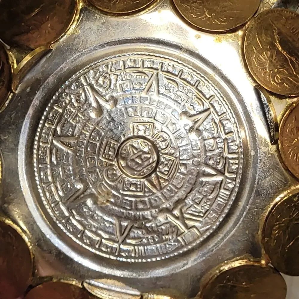 Vtg Aztec Calendar Mexican Coin Ashtray Catch All Dish Handmade MCM